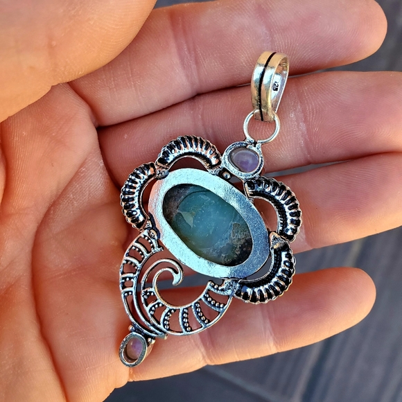 New Chrysoprase & Rainbow Moonstone 925 Silver Pendant - Picture 4 of 16